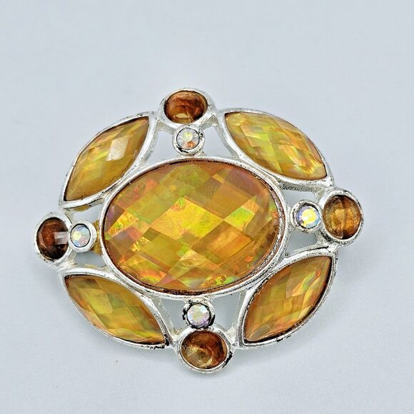 Citrine Jeweled Brooch Vintage Fire Gem AB Faceted Yellow Estate Jewelry Pin - Picture 3 of 9